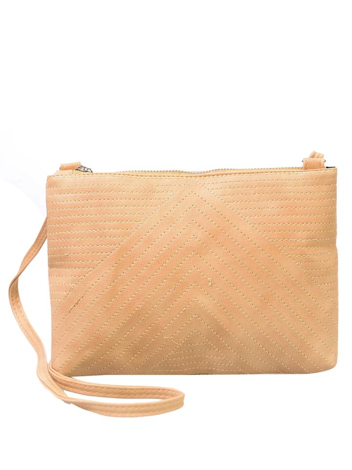 Romwe Faux Leather Chevron Topstitch Shoulder Bag - Apricot