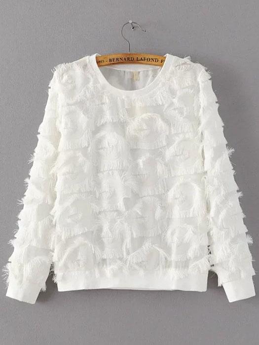 Romwe White Round Neck Hairy Detail Sweatshirt