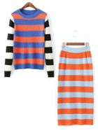Romwe Block Striped Jumper Sweater With Skirt