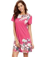 Romwe Rose Red Round Neck Floral Print Casual Dress
