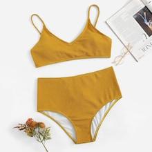 Romwe Plus Ribbed Top With Lace Up Bikini Set