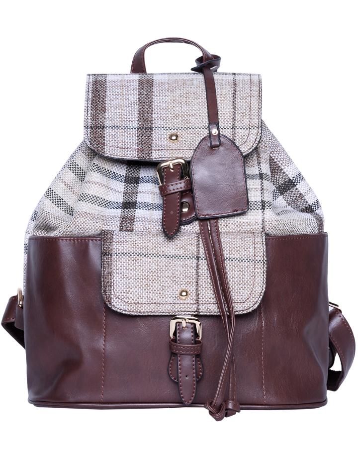 Romwe Coffee Contrast Plaid Pu Backpacks