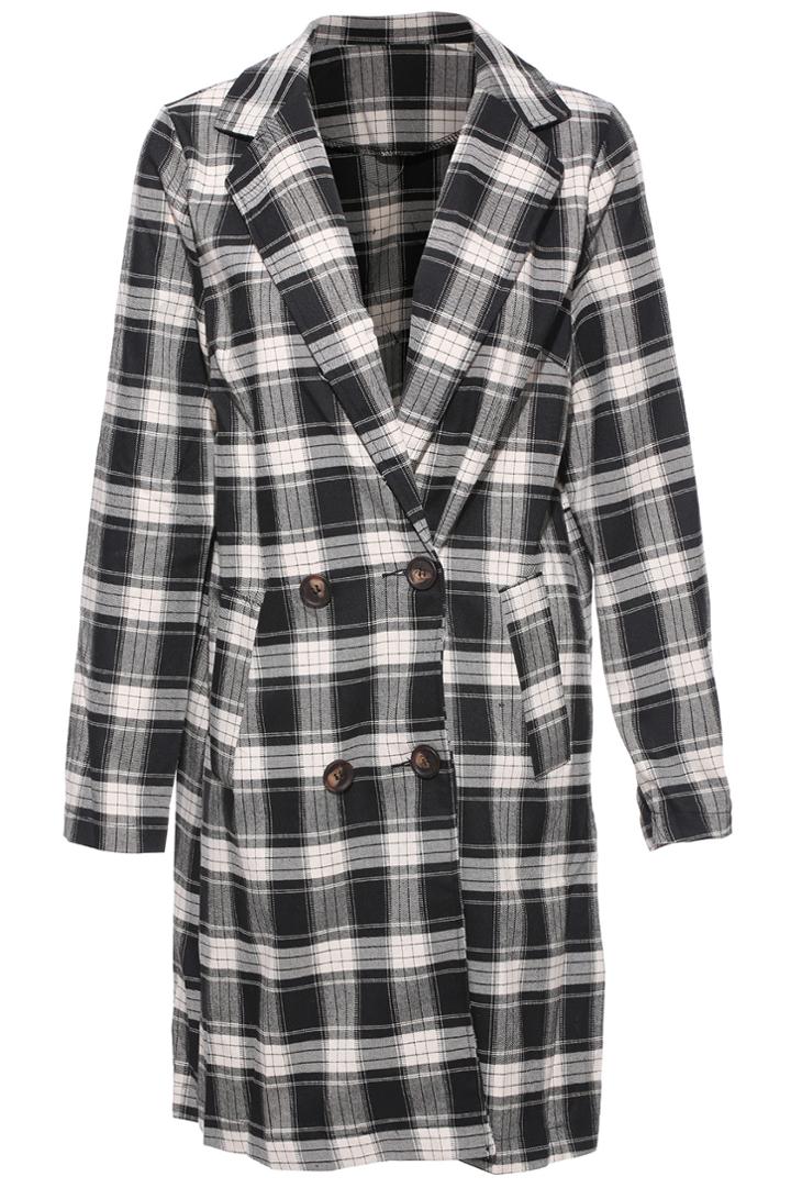 Romwe British Plaid Coat-black & White