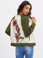 Romwe Two Tone Raglan Sleeve Embroidered Patch Bomber Jacket