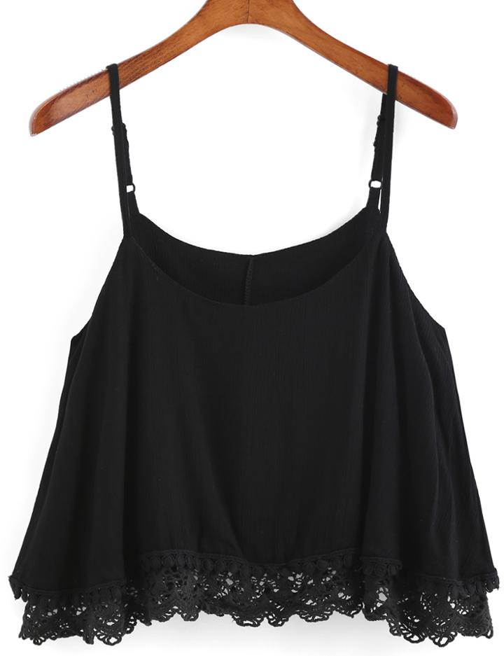 Romwe Spaghetti Strap Lace Hem Black Cami Top