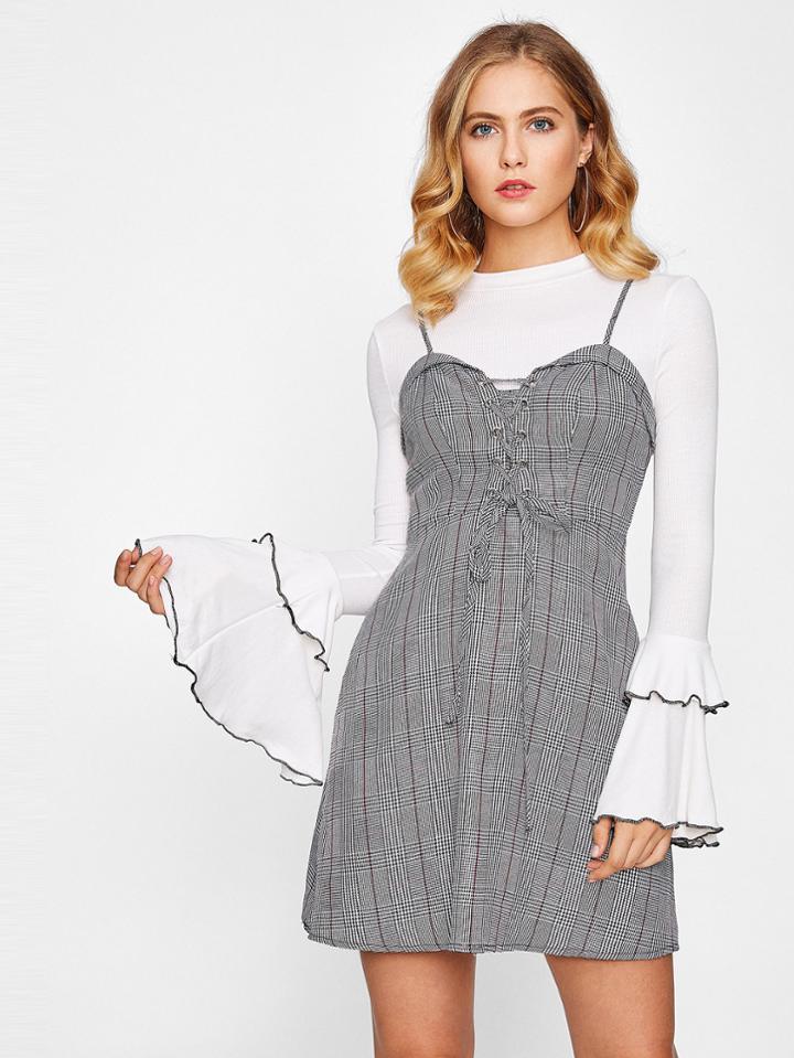 Romwe Grommet Lace Up Front Plaid Cami Dress