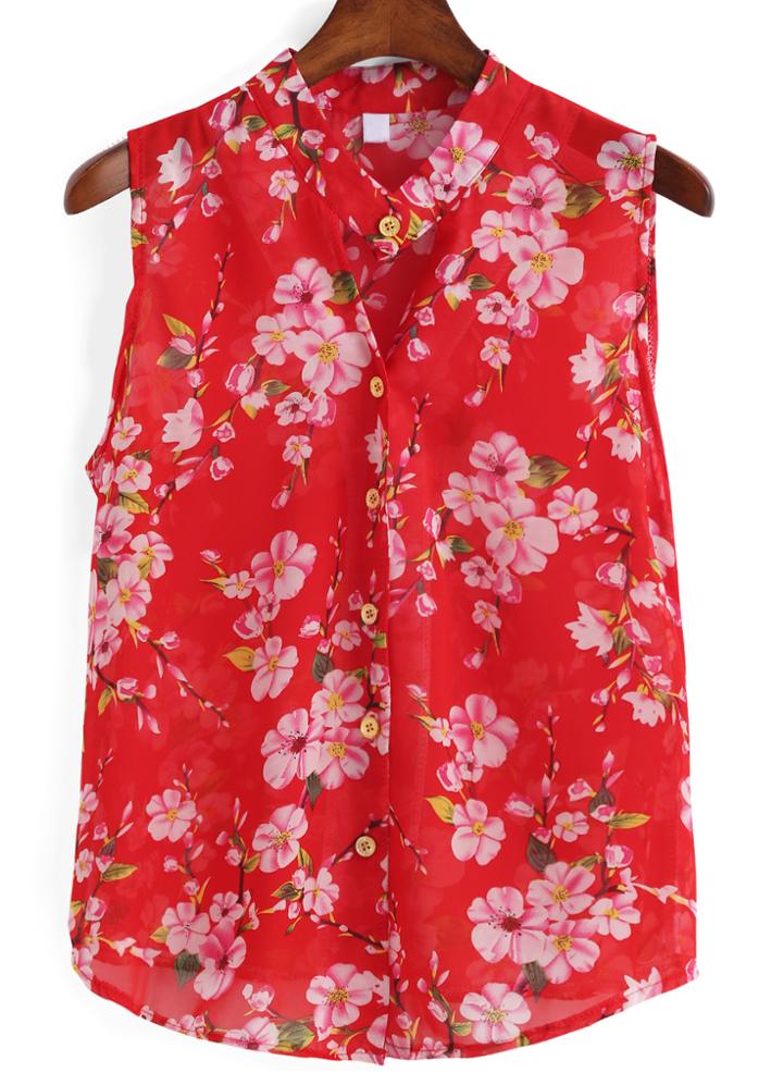 Romwe V Neck Florals Chiffon Red Blouse