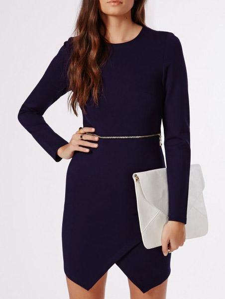 Romwe Navy Long Sleeve Wrap Dress With Zipper