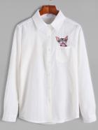 Romwe White Cat Embroidered Pocket Shirt