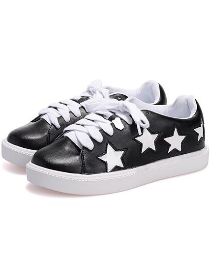 Romwe Black Lace Up Star Pattern Flats
