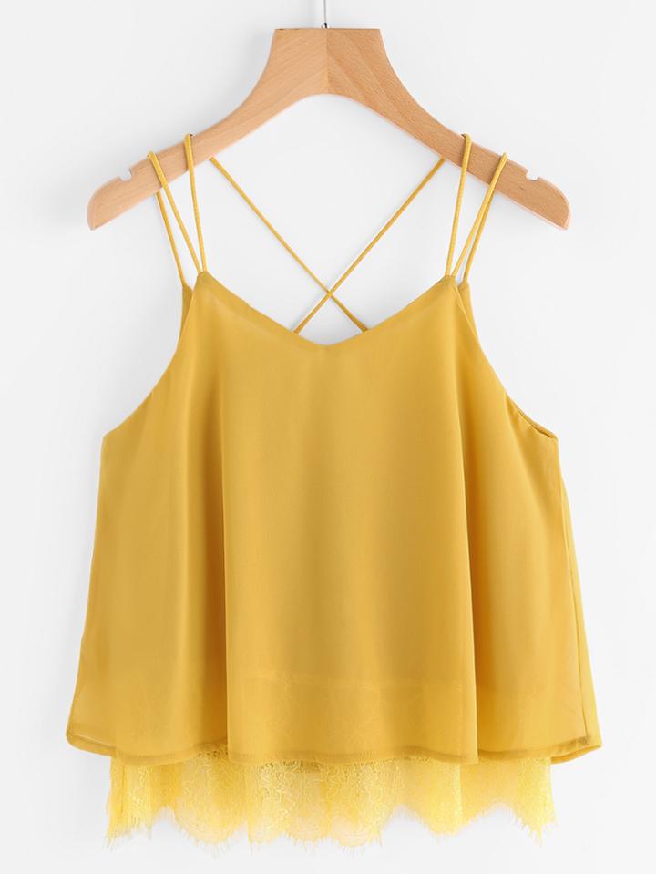 Romwe Lace Hem Criss Cross Back Cami Top