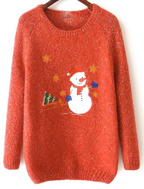 Romwe Snowman Pattern Knit Orange Sweater