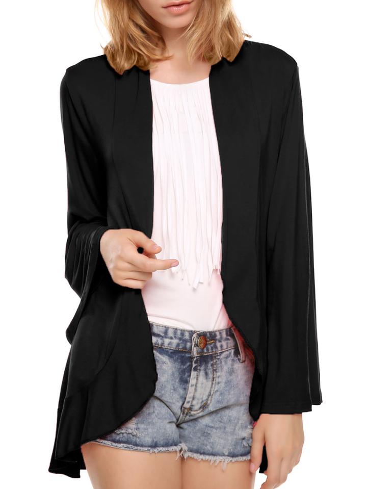 Romwe Bell Sleeve Peplum Hem Black Coat