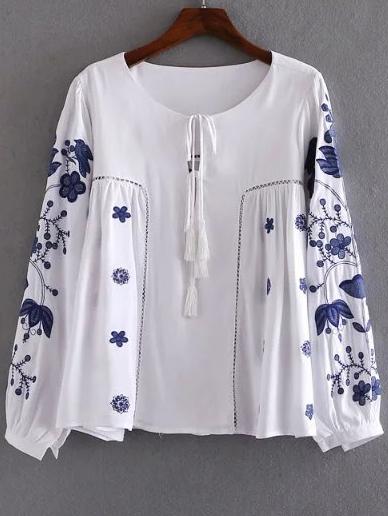 Romwe White Floral Embroidery Blouse With Tie