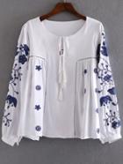 Romwe White Floral Embroidery Blouse With Tie