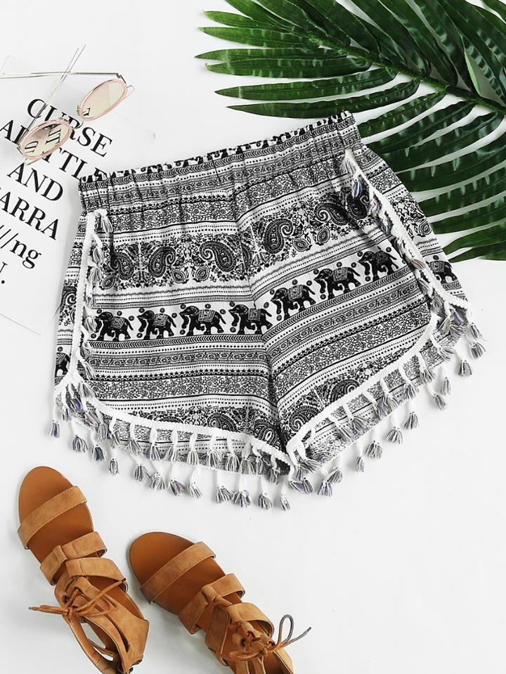 Romwe Tribal Print Tassel Trim Dolphin Shorts