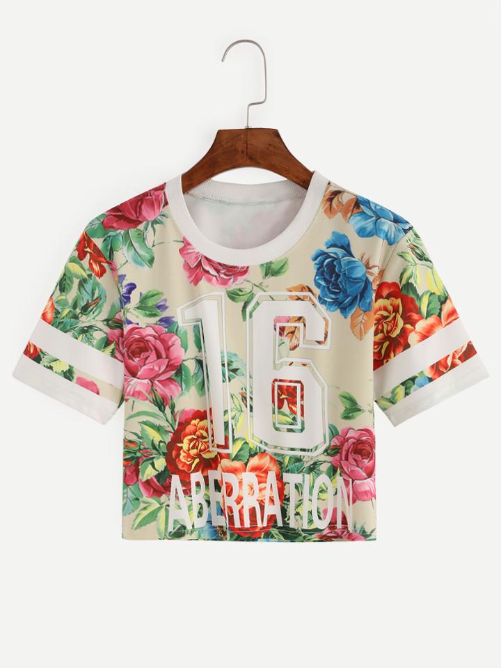 Romwe Beige Flower Print Crop Varsity T-shirt