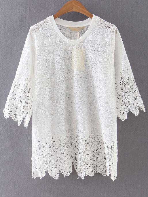 Romwe White Sheer Crochet Lace Blouse