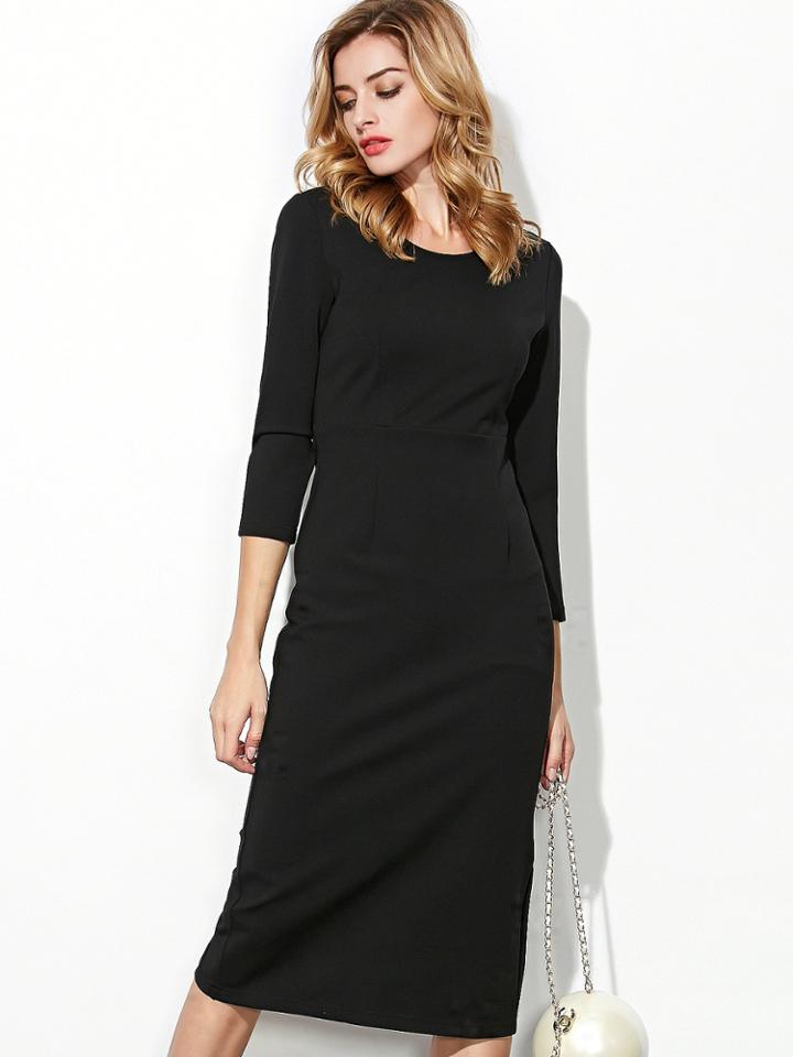 Romwe Black Round Neck Long Sleeve Bodycon Dress