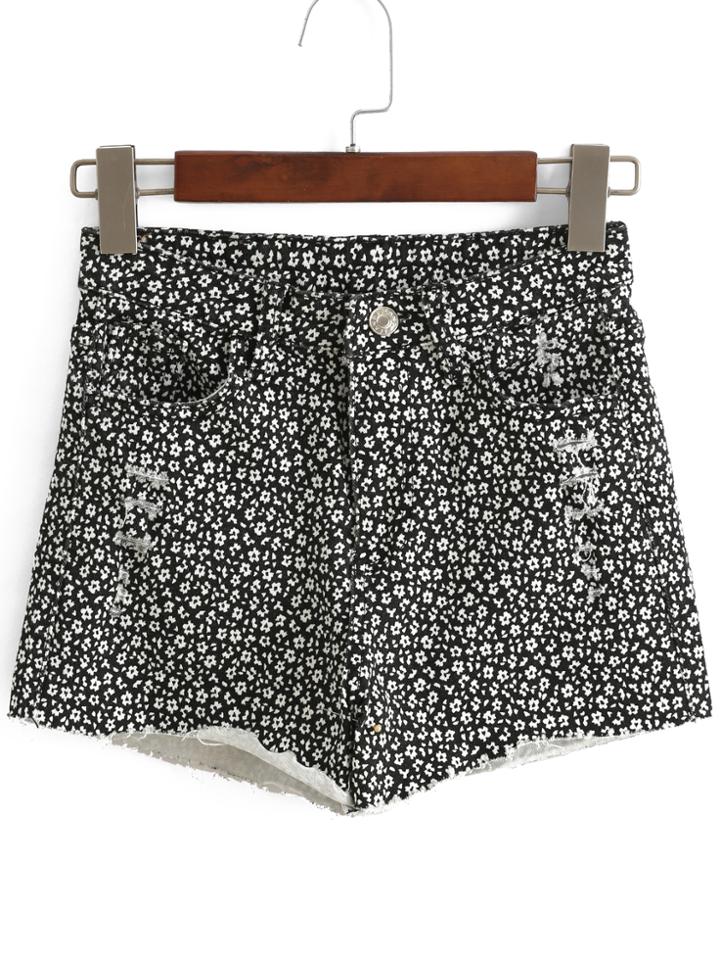 Romwe Flower Print Ripped Denim Black Shorts