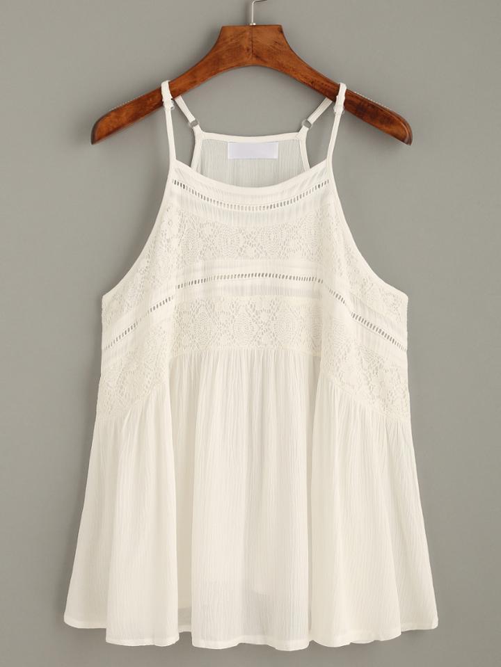 Romwe White Hollow Lace Insert Cami Top