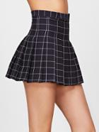 Romwe Navy Grid High Waist Box Pleated Skirt
