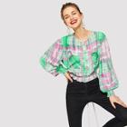 Romwe Pocket Patched Lantern Sleeve Shirred Panel Blouse