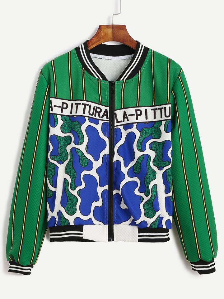 Romwe Green Printed Varsity Striped Zip Up Jacket