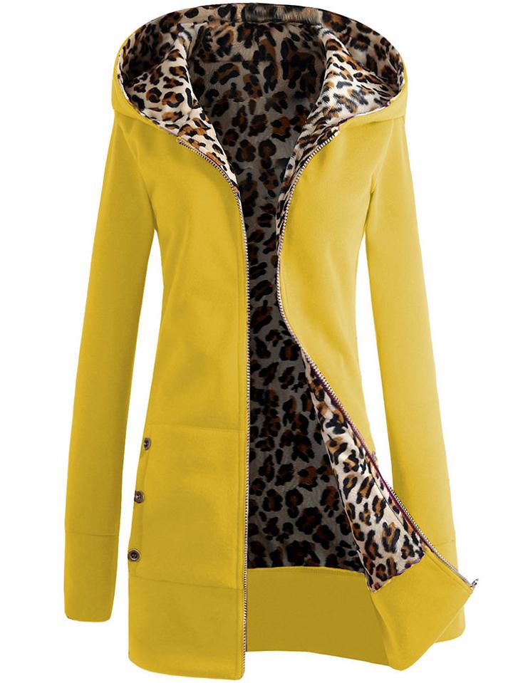 Romwe Hooded Zipper Leopard Long Yellow Sweatshirt