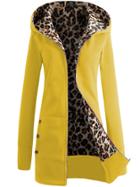 Romwe Hooded Zipper Leopard Long Yellow Sweatshirt