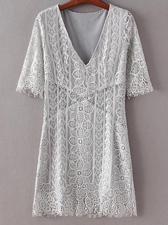 Romwe Light Grey V Neck Half Sleeve Lace Dress