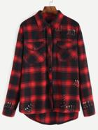 Romwe Plaid Pin Embellished High Low Shirt