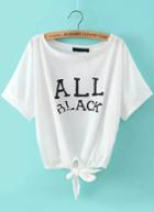 Romwe Knotted Letter Print White T-shirt