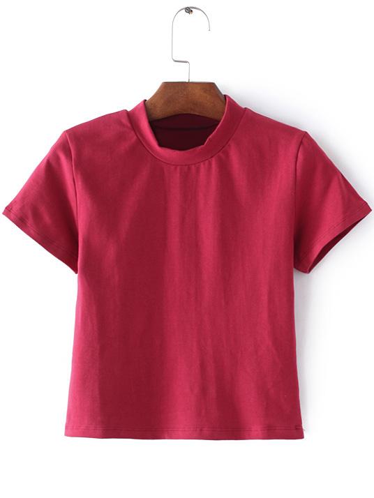 Romwe Red Mock Neck Short Sleeve Casual T-shirt