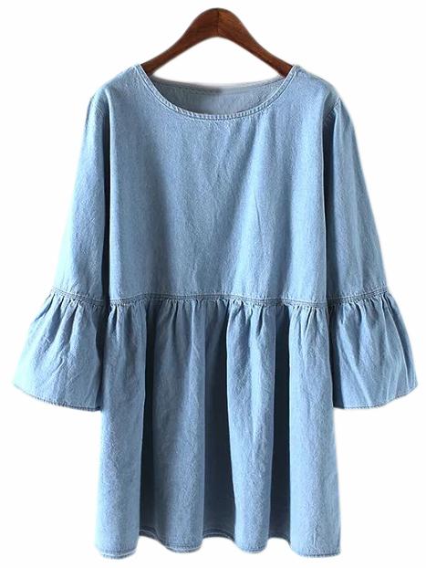 Romwe Blue Round Neck Bell Sleeve Denim Dress