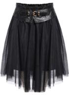 Romwe Contrast Pu Leather Sheer Mesh Skirt