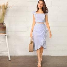 Romwe Striped Ruffle Trim Shirred Top & Wrap Knotted Skirt Set