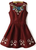 Romwe Wine Red Sleeveless Embroidery Pleated Dress
