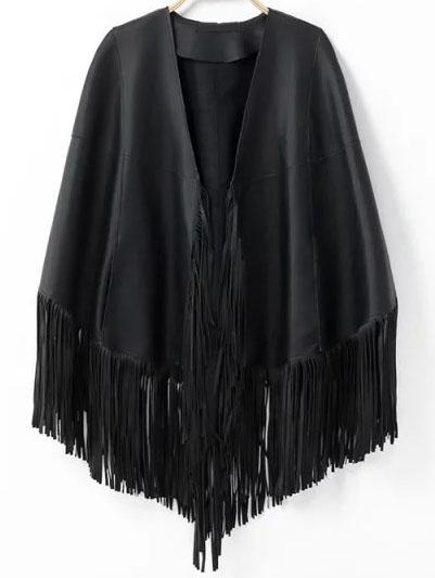Romwe Women Fringe Black Cape Coat