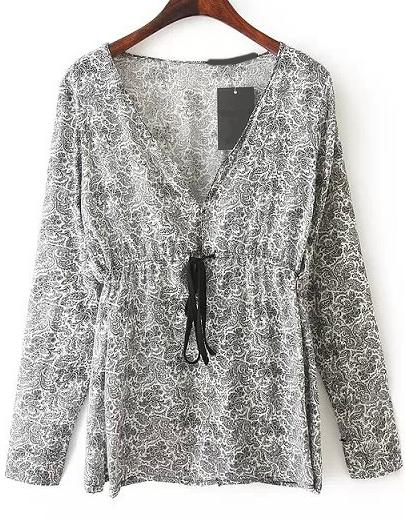Romwe V Neck Floral Drawstring Blouse