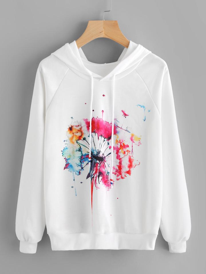 Romwe Watercolor Painting Print Raglan Sleeve Hoodie
