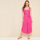 Romwe Half Button Belted Slit Hem Culotte Jumpsuit