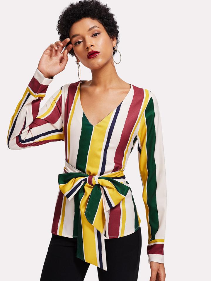 Romwe Tie Waist Striped Top
