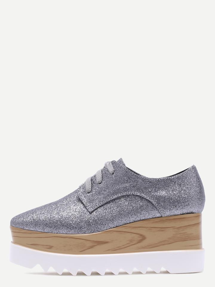 Romwe Silver Sequin Lace Up Cork Heel Wedge Ankle Boots