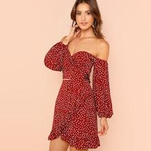 Romwe Off Shoulder Bishop Sleeve Top And Ruffle Skirt Set
