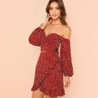 Romwe Off Shoulder Bishop Sleeve Top And Ruffle Skirt Set