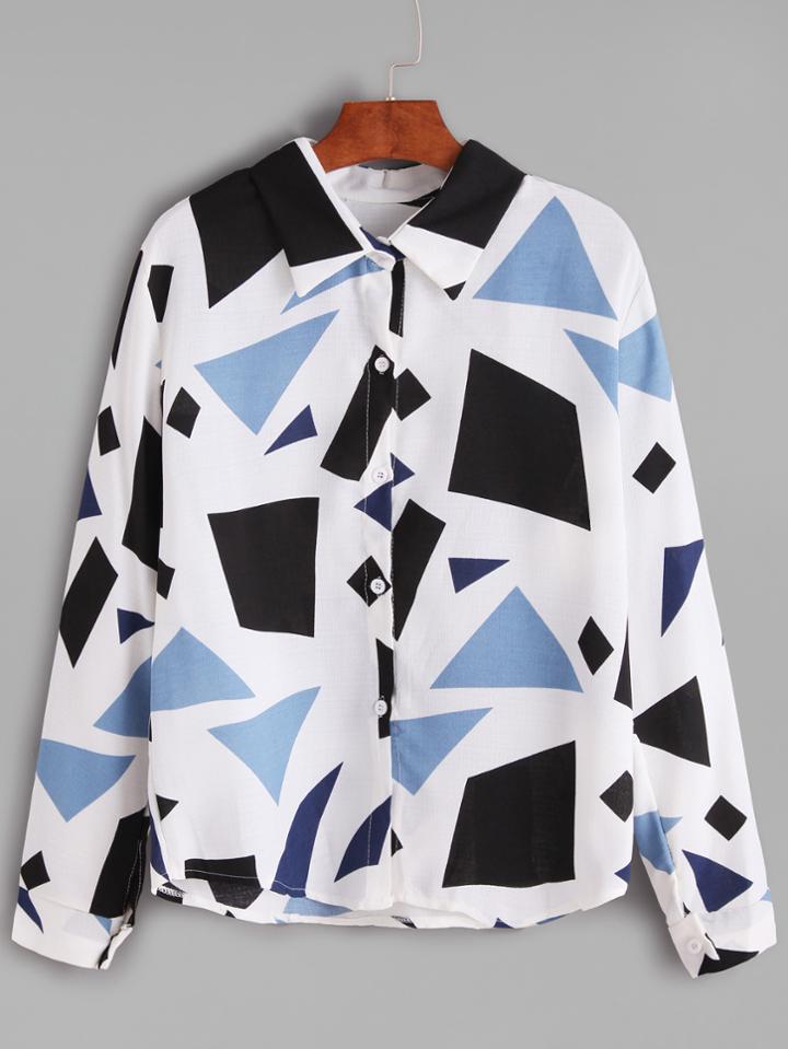 Romwe Geometric Print Button Shirt
