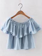 Romwe Blue Smock Off The Shoulder Ruffle Crop Blouse