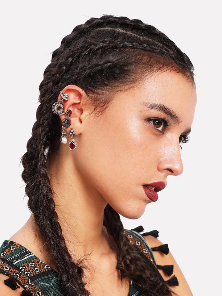 Romwe Contrast Rhinestone Design Earring Set