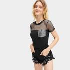 Romwe Contrast Sequin And Fishnet Tee